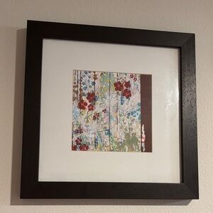 Floral Abstract Art Matted in Black Wood Frame with Glass Overlay 17”x17”